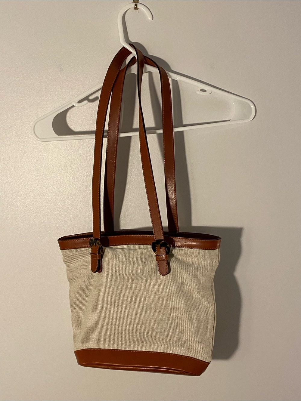 Talbots Made In Italy Canvas & Leather Tote Bag Beige Brown Shoulder Handbag